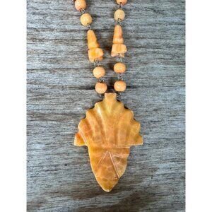 Carved Orange Leaf Pendant Necklace With Beaded Chain & Hook Clasp For Women Or